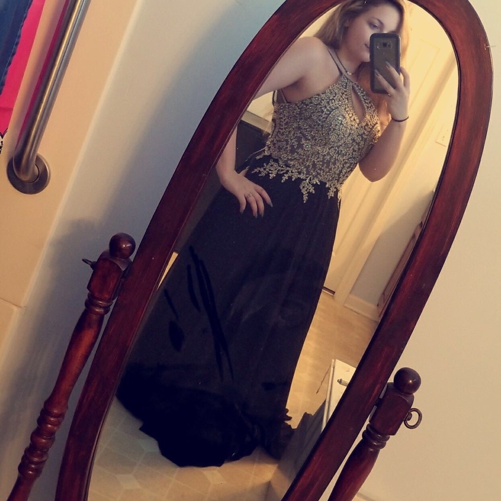 Black and gold prom dress